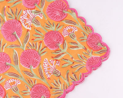 Fabricrush Indian Tangerine Orange, Bubblegum Pink Floral Handmade Hand Block Printed Cotton Embroidered Napkins