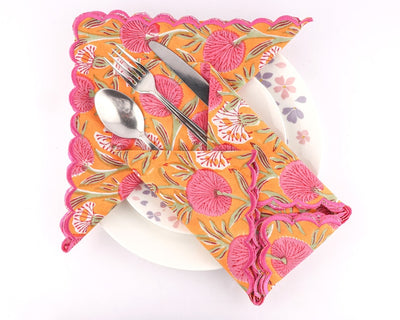 Fabricrush Indian Tangerine Orange, Bubblegum Pink Floral Handmade Hand Block Printed Cotton Embroidered Napkins