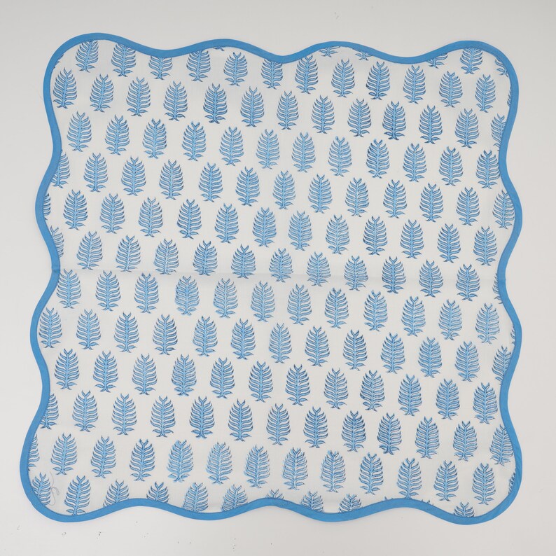 Fabricrush Cerulean Blue Leaf Print Indian Hand Block Cotton Cloth Piping Napkins, Wedding Home Party Event Picnic Restaurant Gifts, Tea 20x20" Dinner