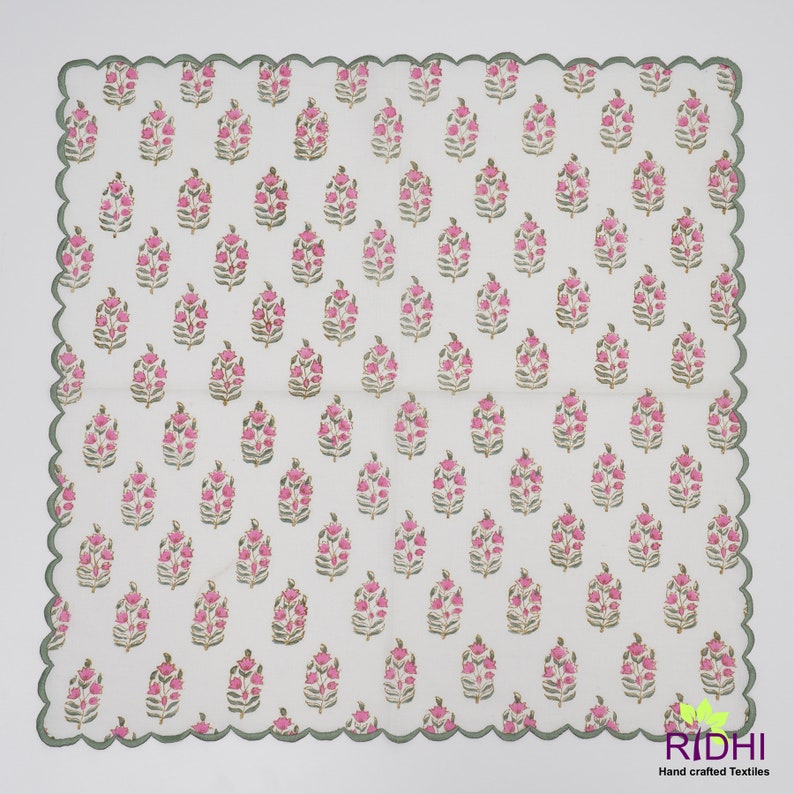 Fabricrush Punch Pink, Uniform Green Indian Floral Hand Block Printed Pure Cotton Cloth Napkins, Wedding Restaurant Party 18x18"- Cocktail 20x20"- Dinner
