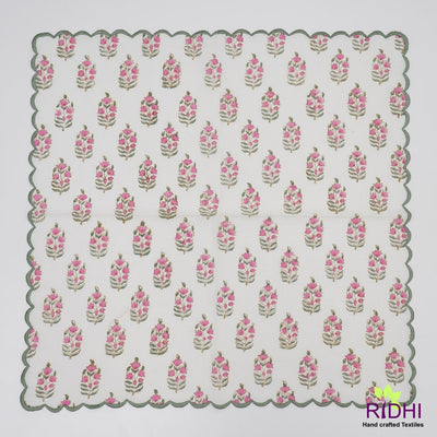 Punch Pink, Uniform Green Indian Floral Hand Block Printed Pure Cotton Cloth Napkins, Wedding Restaurant Party 9x9"- Cocktail 20x20"- Dinner