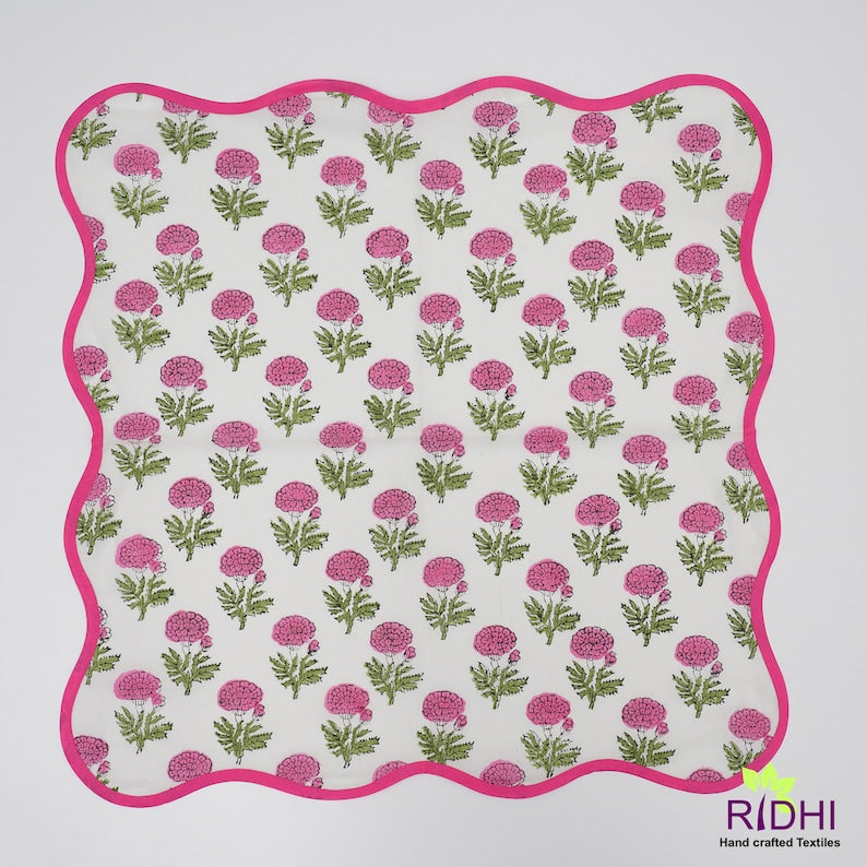 Fabricrush Thulian Pink, Fern Green Marigold Flower Indian Hand Block Floral Piping Soft Cotton Cloth Napkins, Wedding Events Home Decor Garden Farmhouse Restaurant, 20x20"- Dinner Napkins