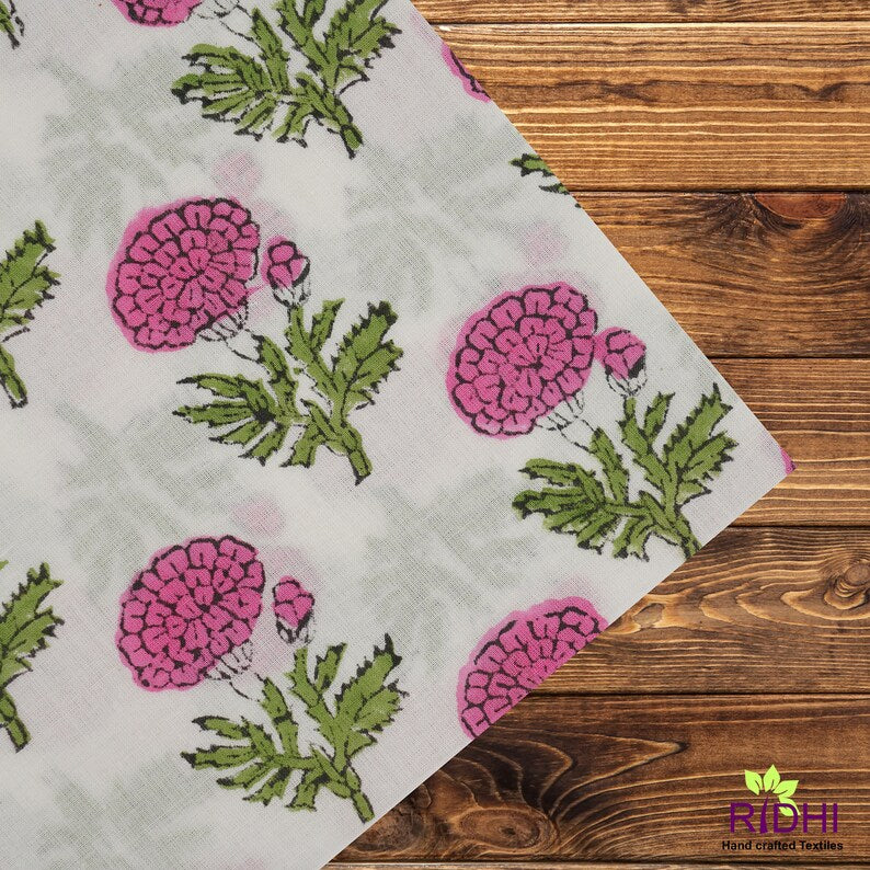 Fabricrush Thulian Pink, Fern Green Marigold Flower Indian Hand Block Floral Piping Soft Cotton Cloth Napkins, Wedding Events Home Decor Garden Farmhouse Restaurant, 20x20"- Dinner Napkins