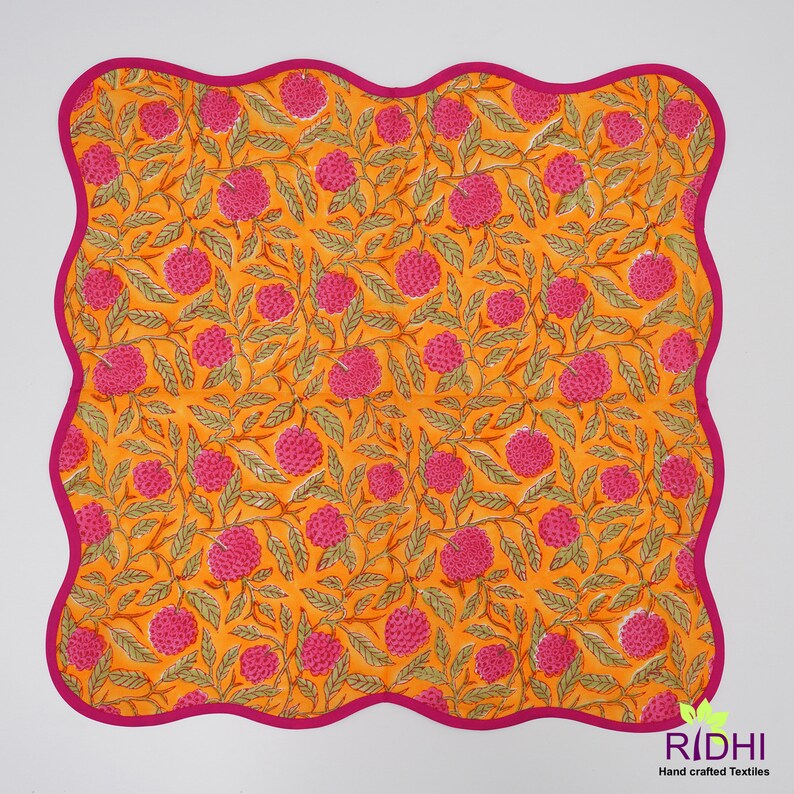 Fabricrush Amber Yellow, Rose Pink, Laurel Green Indian Hand Block Printed Floral Pattern Pure Napkins, Cocktail Napkins, 20x20"- Dinner Napkins, Gift for her, gifts, Christmas