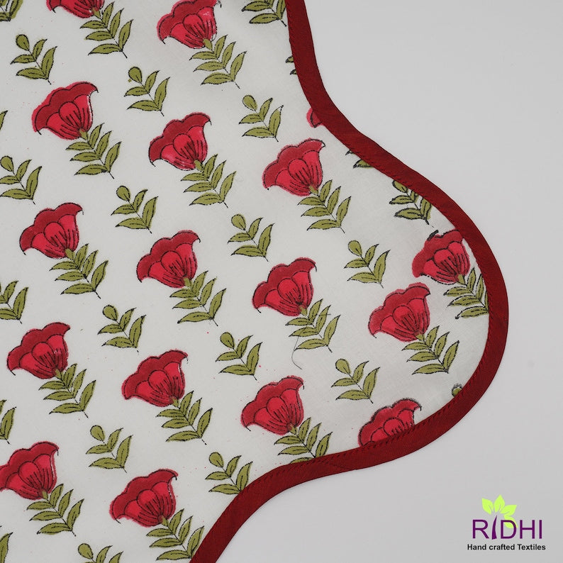 Apple and Cherry Red, Olive Green Indian Hand Block Printed Floral Cotton Piping Napkins