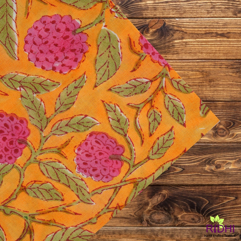 Fabricrush Amber Yellow, Rose Pink, Laurel Green Indian Hand Block Floral Print Cotton Cloth Napkins, Wedding Home Garden 18x18"- Cocktail 20x20"- Dinner, Gift for her, gifts, Halloween, Christmas, Thanksgiving