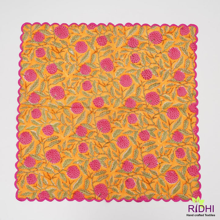 Fabricrush Amber Yellow, Rose Pink, Laurel Green Indian Hand Block Floral Print Cotton Cloth Napkins, Wedding Home Garden 18x18"- Cocktail 20x20"- Dinner, Gift for her, gifts, Halloween, Christmas, Thanksgiving