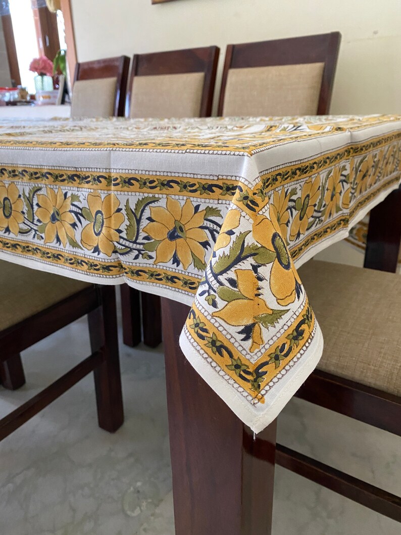 Fabricrush Golden Yellow, Moss Green Indian Hand Block Printed Cotton Cloth Floral Tablecloth, Table Cover for Wedding Events Home Decor Outdoor Garden