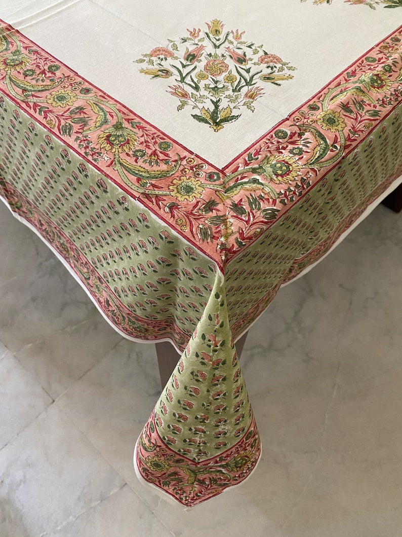 Fabricrush Sage Green Salmon pink on white Flower Design Indian Hand Block Printed Tablecloth