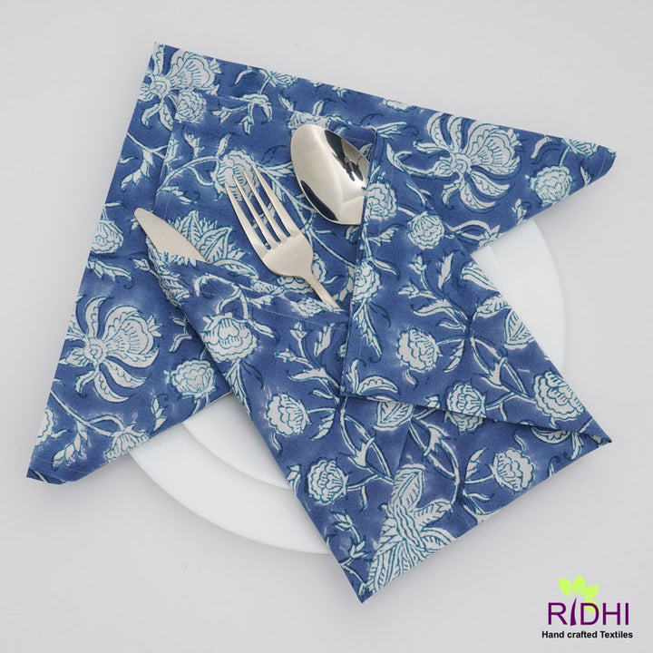 Fabricrush Blue and White Indian Floral Hand Block Print Cotton Cloth Napkins, Wedding Home Party Event Gifts 18x18"- Cocktail 20x20"- Dinner