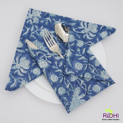Prussian Blue and White Indian Floral Hand Block Print Cotton Cloth Napkins, Wedding Home Party Event Gifts, 9x9"- Cocktail 20x20"- Dinner