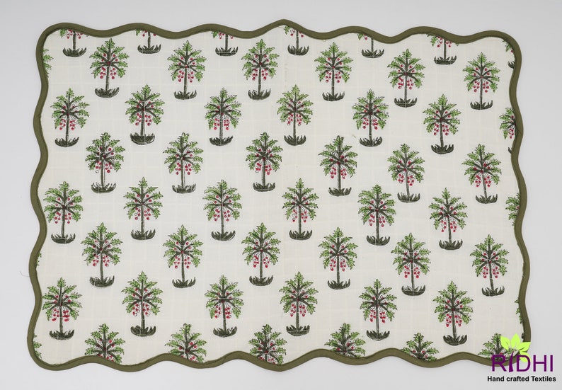 Fabricrush Table Mats, Jade Green Palm Tree Print, India Block Print, Cotton Fabric, Quilted Mats, Housewarming Gift, Table Decoration, Gift for her, gifts