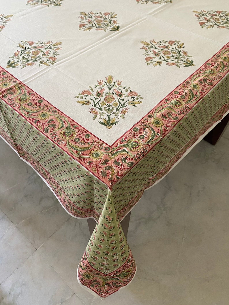 Sage Green, Salmon pink Indian Floral Hand Block Printed Cotton Tablecloth