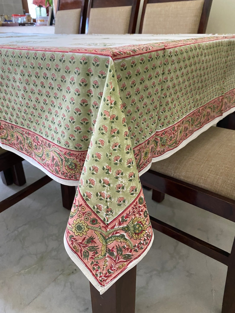 Sage Green, Salmon pink Indian Floral Hand Block Printed Cotton Tablecloth