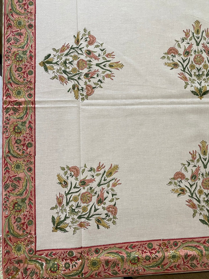 Sage Green, Salmon pink Indian Floral Hand Block Printed Cotton Tablecloth