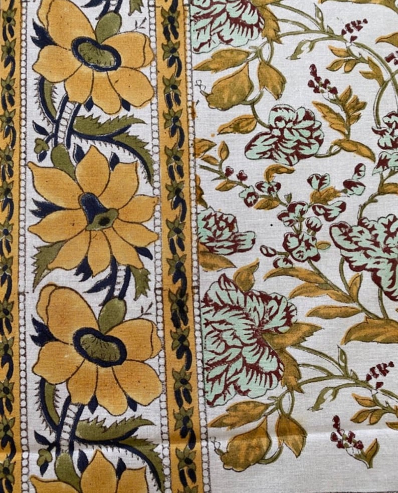 Fabricrush Golden Yellow, Moss Green Indian Hand Block Printed Cotton Cloth Floral Tablecloth, Table Cover for Wedding Events Home Decor Outdoor Garden