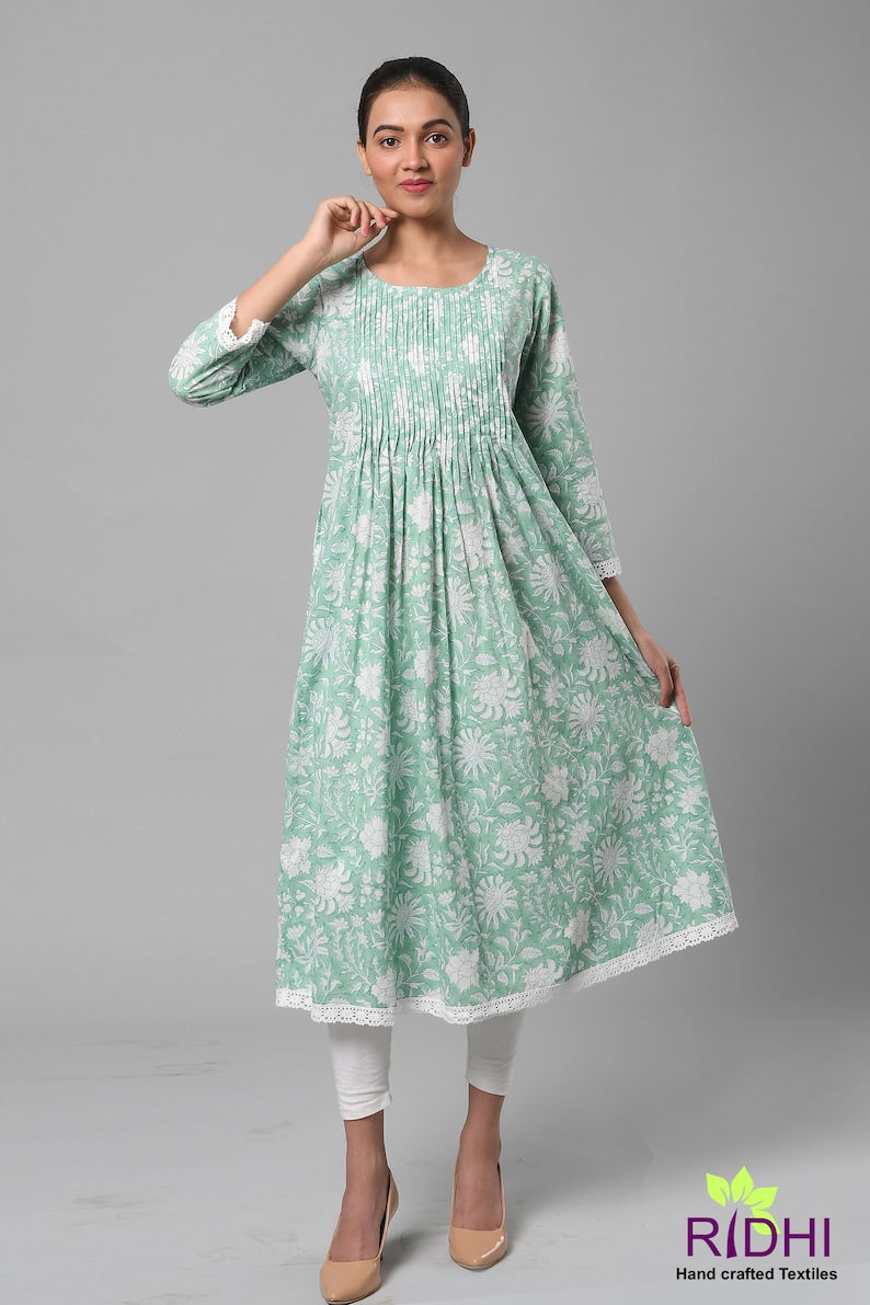 Fabricrush Indian Mughal Block Print Long Kurti With Pockets, Bridesmaids dress, Pleated Top with Lace, Summer Dress