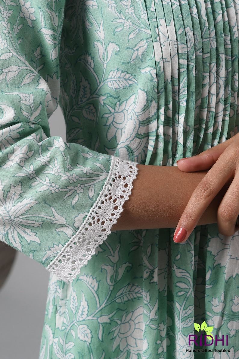Fabricrush Indian Mughal Block Print Long Kurti With Pockets, Bridesmaids dress, Pleated Top with Lace, Summer Dress