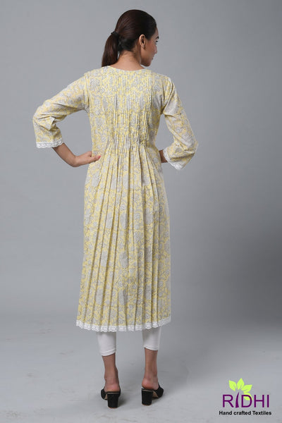 Fabricrush Indian Mughal Handmade Hand Block Printed Dress Pale Goldenrod Yellow Long Kurti With Pocket, Indian Bridesmaid dress, Pleated Top with Lace, Summer Dress