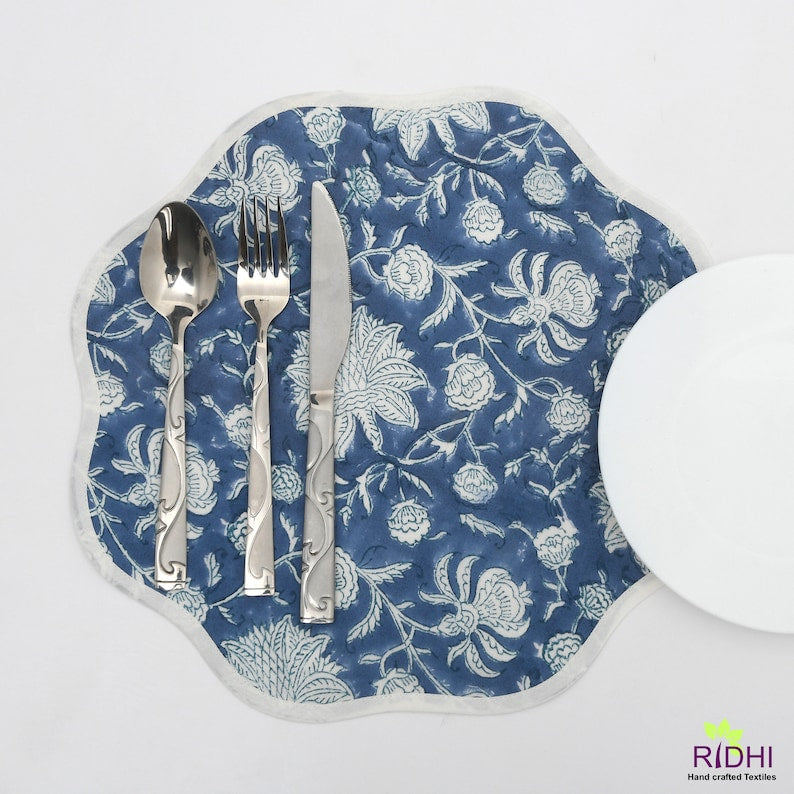 Table Mat, Royal Blue and White India Block Print, Flower Print, Cotton Fabric, Kitchen Runner and Mats, Cotton Fabric Mats