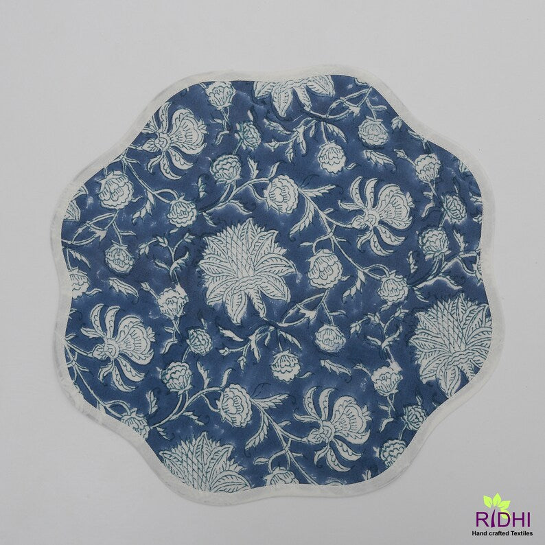 Fabricrush Table Mat, Royal Blue and White India Block Print, Flower Print, Cotton Fabric, Kitchen Runner and Mats, Cotton Fabric Mats, Gift for her, gifts