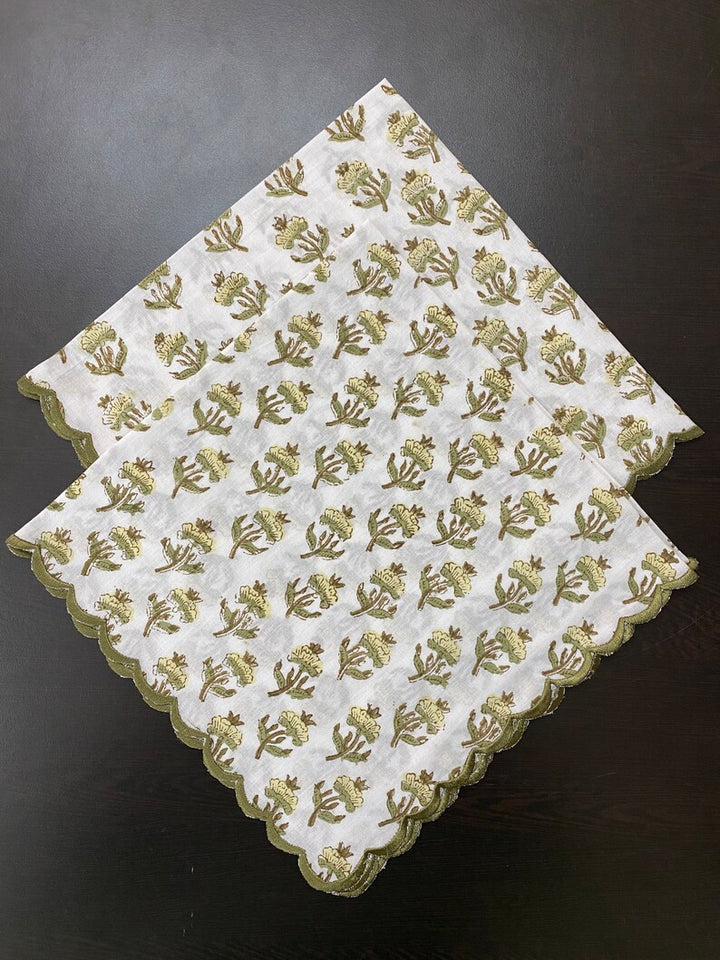 Fabricrush Pale Goldenrod Yellow, Iguana Green Hand Block Floral Embroidered Pure Cotton Cloth Napkins, Wedding Home Event, 18x18"- Cocktail 20x20"- Dinner, Gift for her, gifts, Halloween, Christmas, Thanksgiving