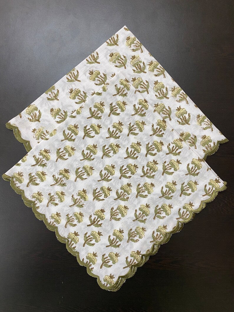 Pale Goldenrod Yellow, Iguana Green Hand Block Floral Printed Pure Cotton Cloth Napkins, Wedding Home Event, 9x9"- Cocktail 20x20"- Dinner