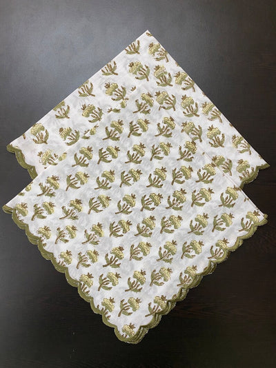 Fabricrush Pale Goldenrod Yellow, Iguana Green Hand Block Floral Embroidered Pure Cotton Cloth Napkins, Wedding Home Event, 18x18"- Cocktail 20x20"- Dinner