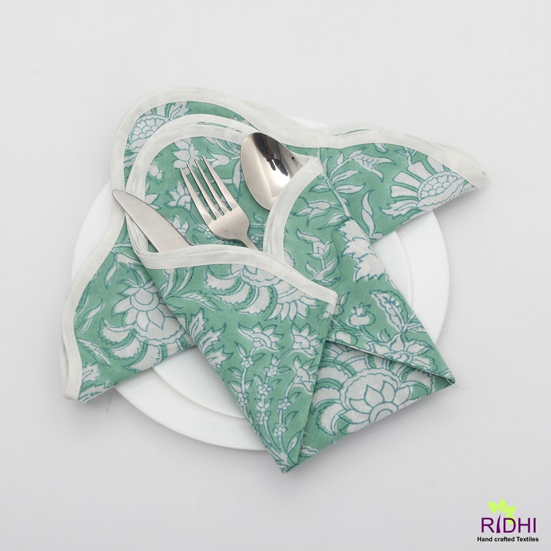 Fabricrush Mint Green and Off White Floral Indian Hand Block Printed Pure Cotton Cloth Piping Napkins, Wedding Home Event Picnic Bridal Shower Birthday Anniversary Festival Holiday, 20x20"- Dinner Napkins