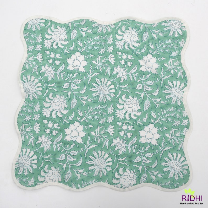 Fabricrush Mint Green and Off White Floral Indian Hand Block Printed Pure Cotton Cloth Piping Napkins, Wedding Home Event Picnic Bridal Shower Birthday Anniversary Festival Holiday, 20x20"- Dinner Napkins