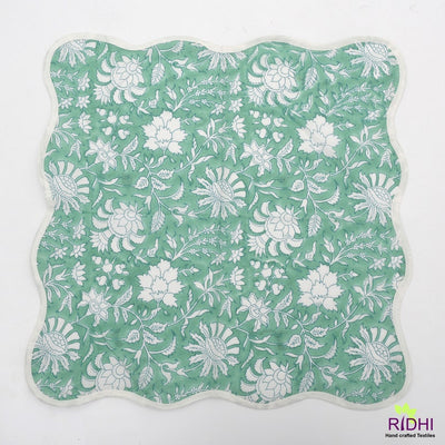 Fabricrush Mint Green and Off White Floral Indian Hand Block Printed Pure Cotton Cloth Piping Napkins, Wedding Home Event Picnic Bridal Shower Birthday Anniversary Festival Holiday, 20x20"- Dinner Napkins