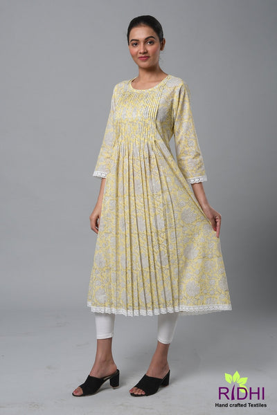 Fabricrush Indian Mughal Handmade Hand Block Printed Dress Pale Goldenrod Yellow Long Kurti With Pocket, Indian Bridesmaid dress, Pleated Top with Lace, Summer Dress