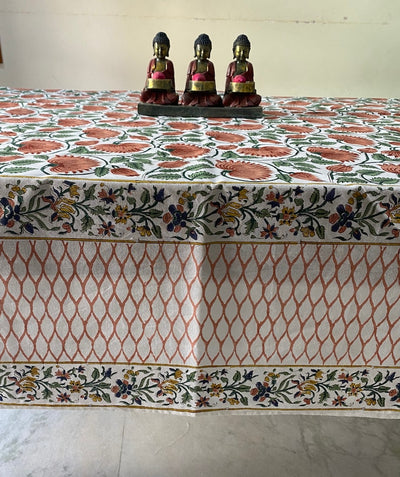 Fabricrush Burnt Orange and Fern Green Hand Block Print Table Cloth Table Cover India Cotton Table Linen, Custom Table Cloth Her