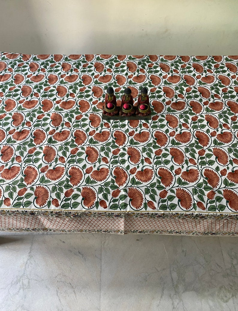 Fabricrush Burnt Orange and Fern Green Hand Block Print Table Cloth Table Cover India Cotton Table Linen, Custom Table Cloth Her