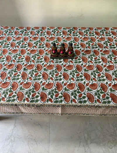 Fabricrush Burnt Orange and Fern Green Hand Block Print Table Cloth Table Cover India Cotton Table Linen, Mothers Day Gift, Custom Table Cloth Her