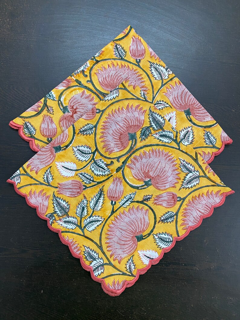 Fabricrush Fire Yellow, Lemonade Pink Indian Floral Hand Block Printed 100% Pure Cotton Cloth Napkins, 18x18"- Cocktail Napkins, 20x20"- Dinner Napkins
