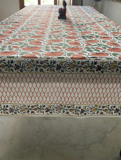 Fabricrush Burnt Orange and Fern Green Hand Block Print Table Cloth Table Cover India Cotton Table Linen, Mothers Day Gift, Custom Table Cloth Her
