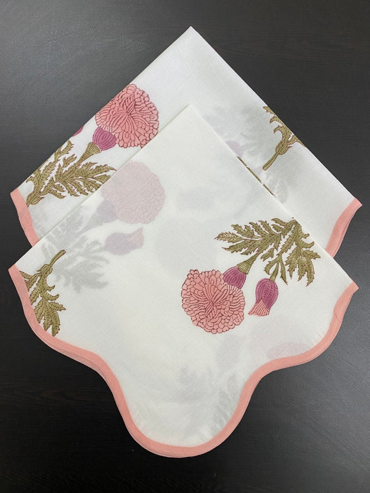 Fabricrush Salmon and Thulian Pink, Moss Green Indian Hand Block Floral Printed Pure Cotton Cloth Piping Napkins, Wedding Table Restaurant Farmhouse 20x20"- Dinner Napkins