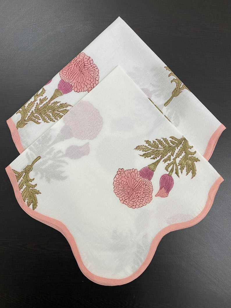 Salmon and Thulian Pink, Moss Green Indian Hand Block Floral Printed Pure Cotton Cloth Napkins, Wedding Home Decor Garden Fall Holiday Table Restaurant Farmhouse 20x20"- Dinner Napkins