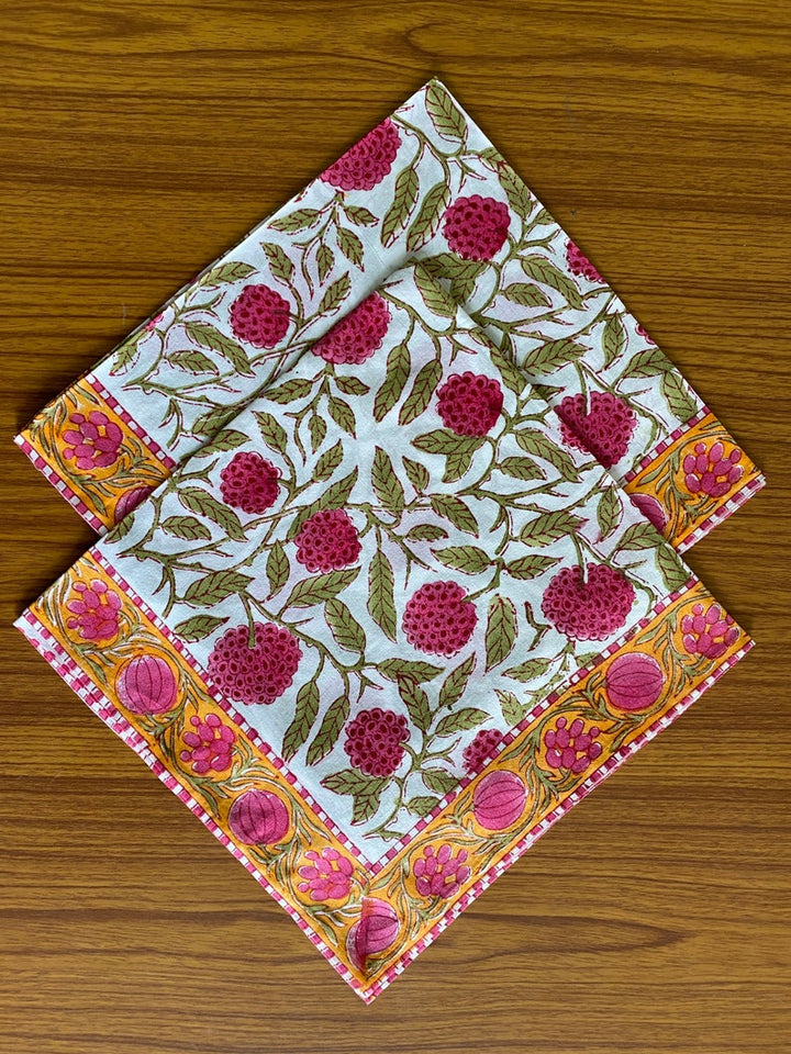 Gold Yellow and Mulberry Pink Hand Block Printed Size 20x20"Cotton Border Napkins