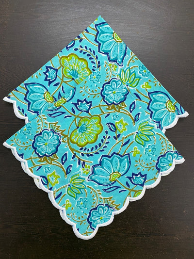 Fabricrush Cerulean and Indigo Blue, Pear Green Indian Floral Printed Pure Cotton Cloth Napkins Wedding Party Event Home 18X18"- Cocktail 20X20"- Dinner