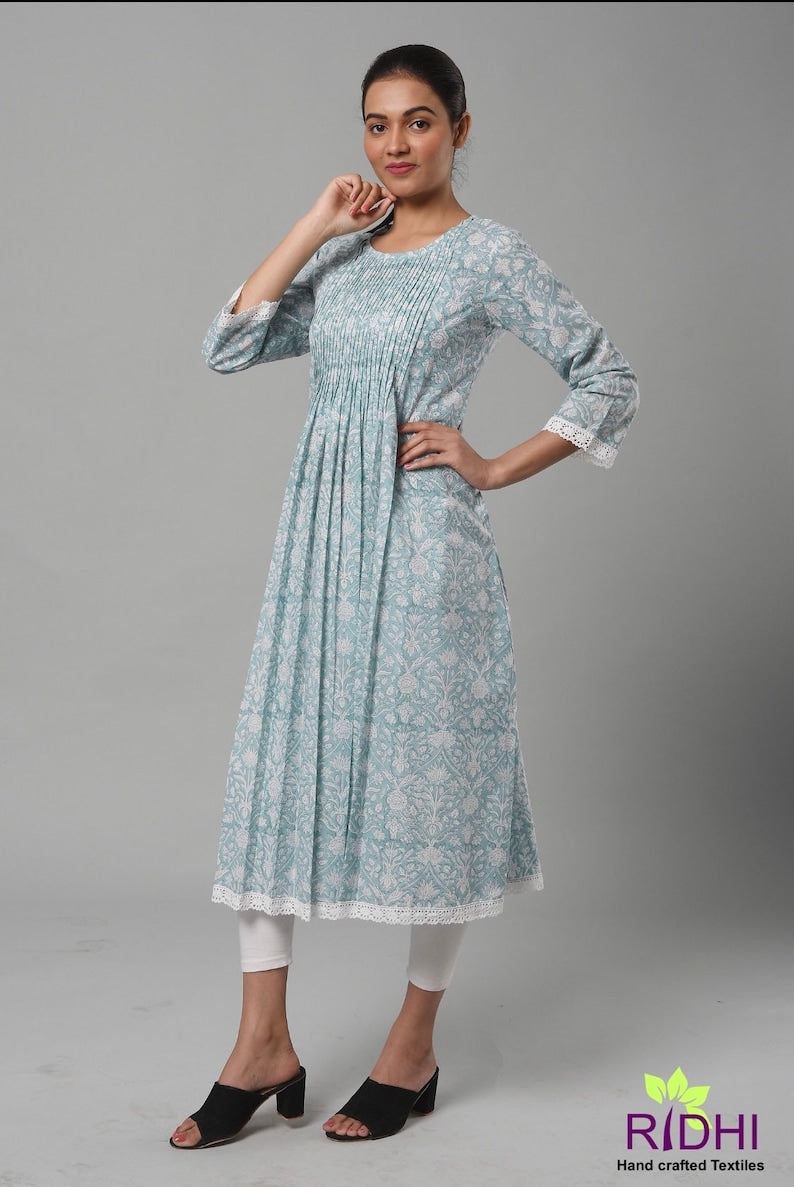 Fabricrush Indian Mughal Hand Block Printed Teal Blue Long Kurti With Pockets Pleated Top with Lace, Summer Dress