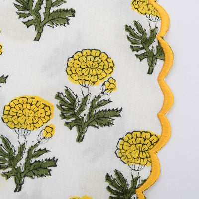 Fabricrush Mats, Bumblebee Yellow, Marigold Flower Print Cloth Table Mats, Embroidered Reversible Mats, India Block Print, Cotton Fabric, Floral Fabric