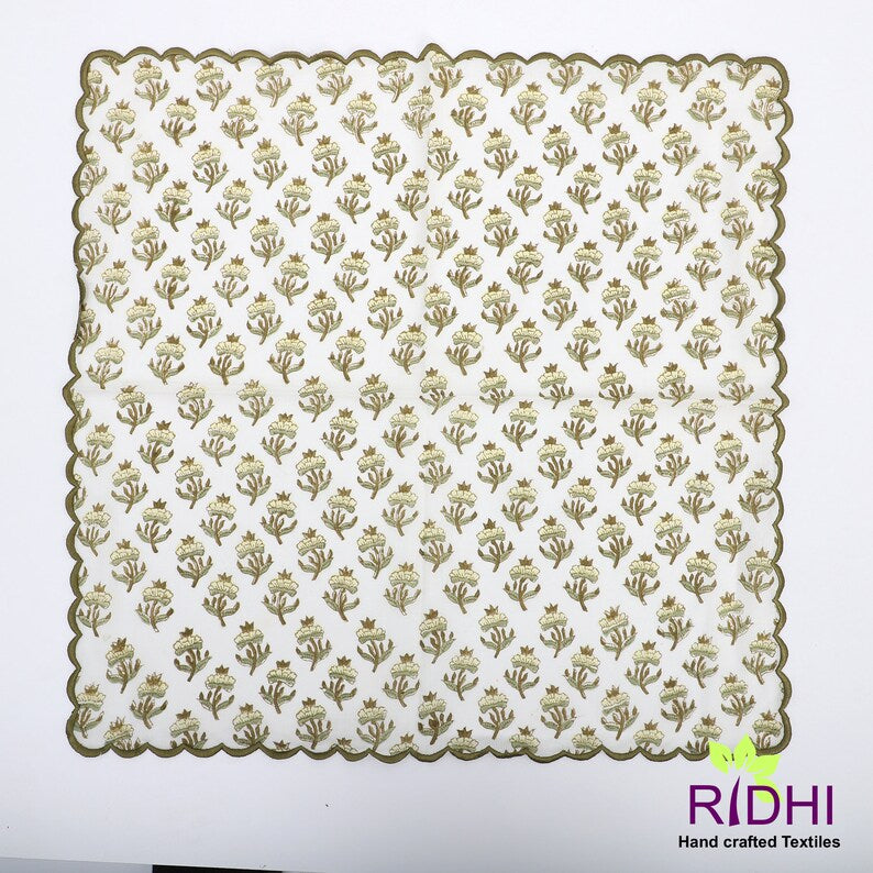 Pale Goldenrod Yellow, Iguana Green Hand Block Floral Printed Pure Cotton Cloth Napkins, Wedding Home Event, 9x9"- Cocktail 20x20"- Dinner