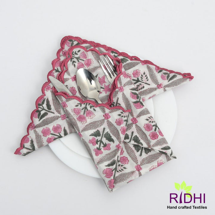 Fabricrush Watermelon Pink, Artichoke and Seaweed Green Indian Floral Block Printed Cotton Cloth Napkins, 18x18"-Cocktail Napkins, 20x20"- Dinner Napkins, Gift for her, gifts, Halloween, Christmas, Thanksgiving