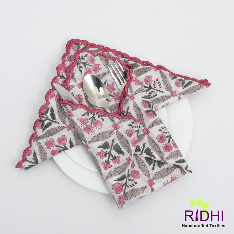 Fabricrush Watermelon Pink, Artichoke and Seaweed Green Indian Floral Block Printed Cotton Cloth Napkins, 18x18"-Cocktail Napkins, 20x20"- Dinner Napkins
