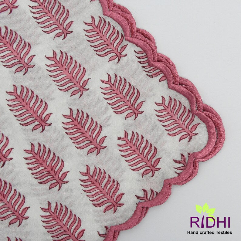 Taffy Pink and White Leaf Hand Block Print Cotton Embroidery Napkins