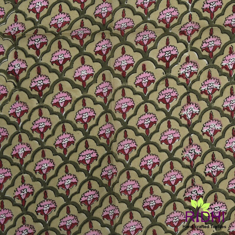 Fabricrush Light Moss and Army Green, Flamingo Pink Floral Indian Hand block print Cotton Cloth Napkins, 18x18"-Cocktail Napkins 20x20"-Dinner Napkins