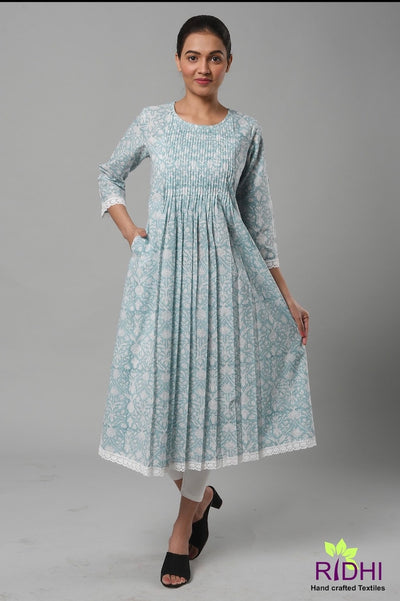 Fabricrush Indian Mughal Hand Block Printed Teal Blue Long Kurti With Pockets Pleated Top with Lace, Summer Dress