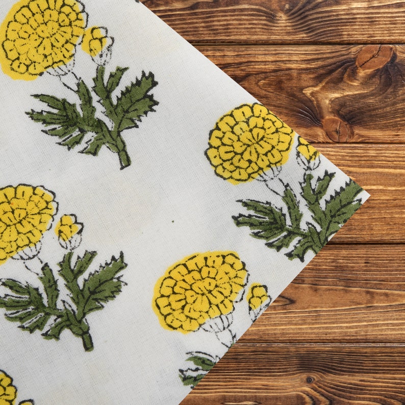 Mats, Bumblebee Yellow, Marigold Flower Print Cloth Table Mats, Embroidered Reversible Mats, India Block Print, Cotton Fabric, Floral Fabric